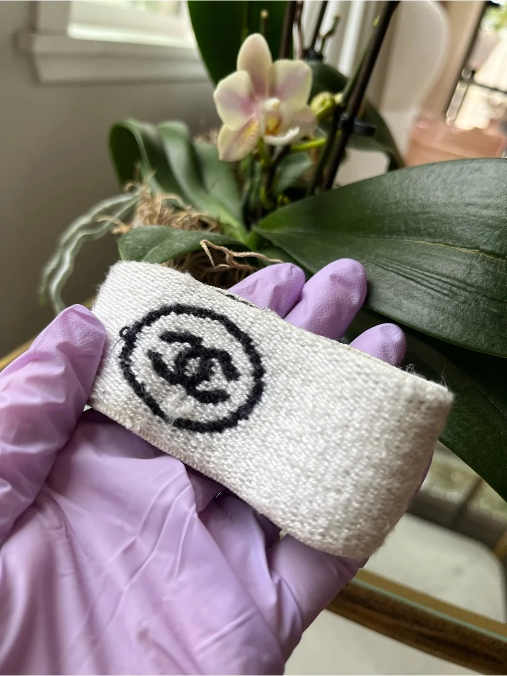 CHANEL Ivory & Black CC Terrycloth Knit Logo Wristband Vintage